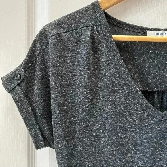 Ricki’s Linen Blend T-Shirt Loose Fit V Neck Short Sleeves Charcoal Grey Side XS - Picture 9 of 16